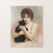 Joven mujer sosteniendo gato negro pintura de bail