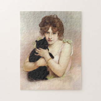 Puzzle Joven mujer sosteniendo gato negro pintura de bail