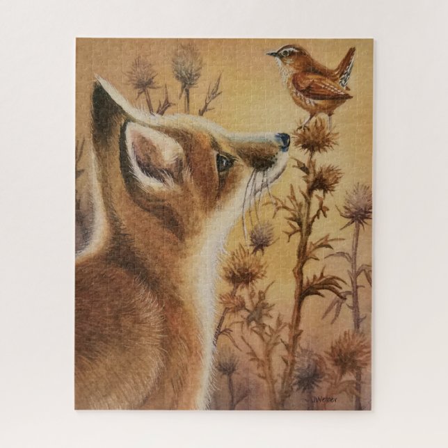 Puzzle Joven Red Fox y Carolina Wren Watercolor Art (Vertical)