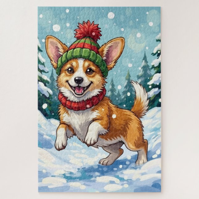 Puzzle Joyful Corgi Dog Bouncing in Snow with Pom Pom (Vertical)