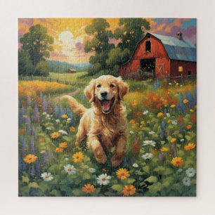 Puzzle Joyful Golden Retriever frotando en el rancho