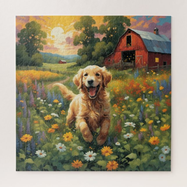 Puzzle Joyful Golden Retriever frotando en el rancho (Vertical)