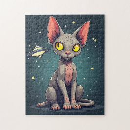 Puzzle Judging Sphynx Cat UFO Space Cartoon Art