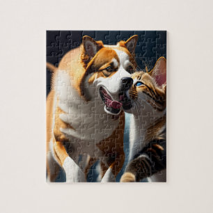 Puzzle Jugando perro y gato