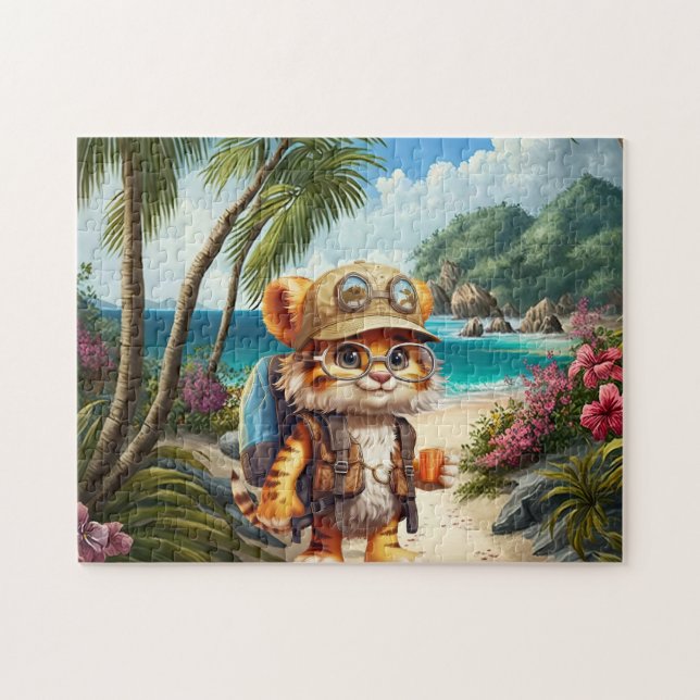 Puzzle Jugoso cubo de tigre con mochila y café (Horizontal)