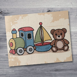 Puzzle Juguetes de madera con tren, velero y oso de peluc