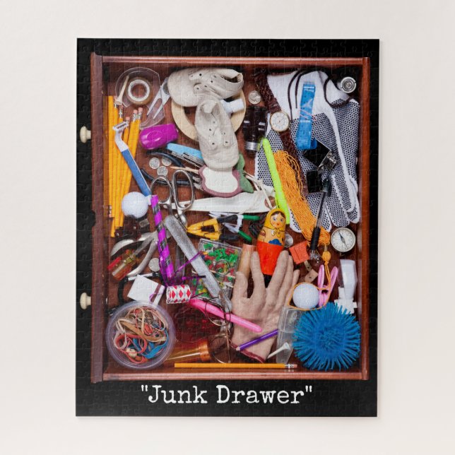 Puzzle Junk Drawer Chaos Vintage Flat Lay Illustration (Vertical)