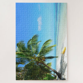 Puzzle Kajak amarillo en una playa blanca con la palma