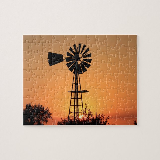 Puzzle Kansas Sunset con silueta de molino de viento (Horizontal)