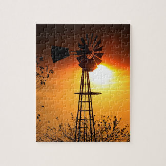 Puzzle Kansas Sunset con silueta de molino de viento Jigs