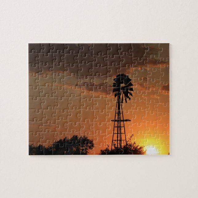 Puzzle Kansas Sunset con silueta de molino de viento Jigs