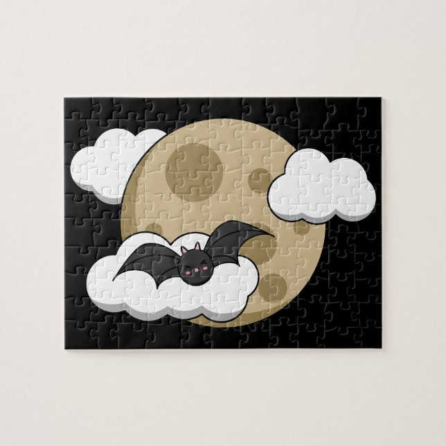Puzzle Kawaii Feliz Bat volando a plena Luna (Horizontal)