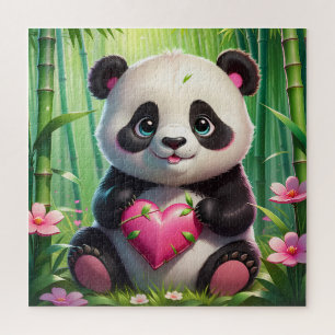 Puzzle Kawaii Panda sosteniendo el corazón en un bosque d