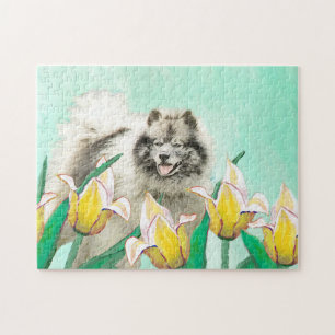 Puzzle Keeshond en tulipanes pintando arte original del p