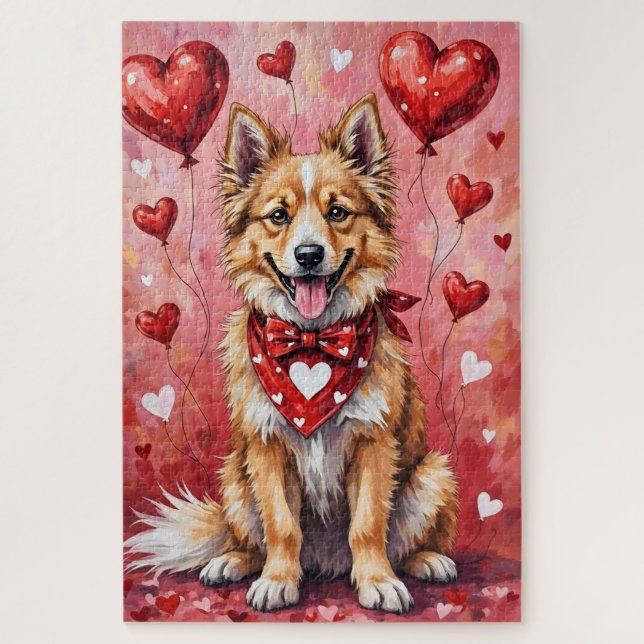 Puzzle Keeshond Perro Sentado con Corazones Rojo de San V (Vertical)
