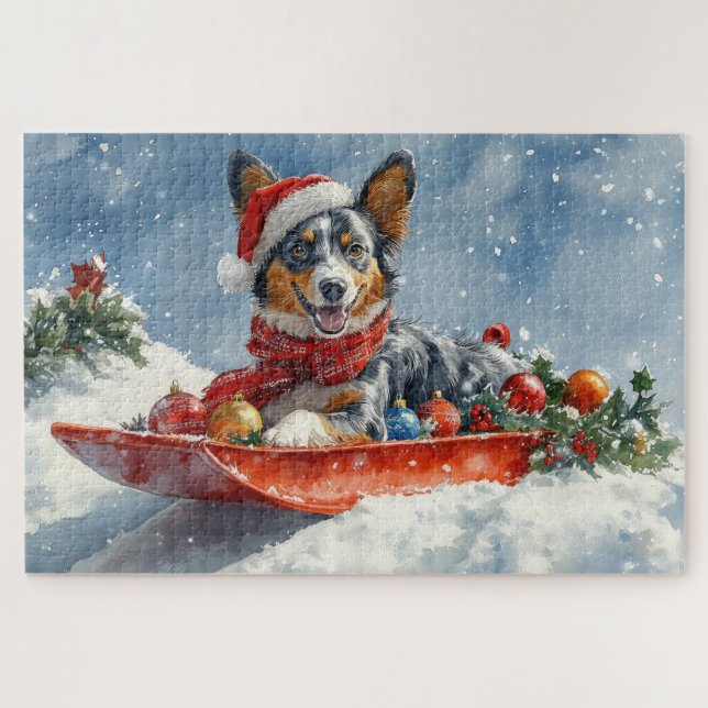 Puzzle Kelpie australiano en trineo Deja que nieve Navida (Horizontal)