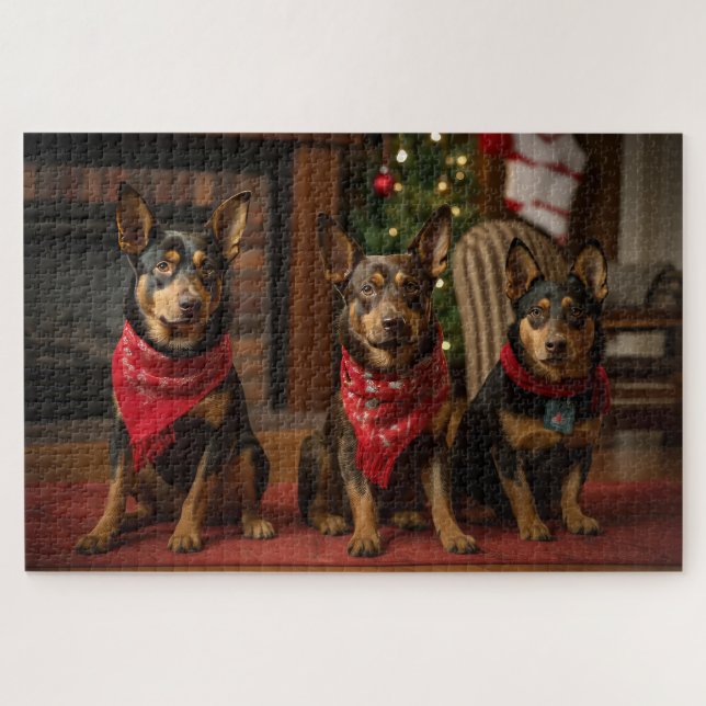 Puzzle Kelpie australiano junto a la chimenea en Navidad (Horizontal)