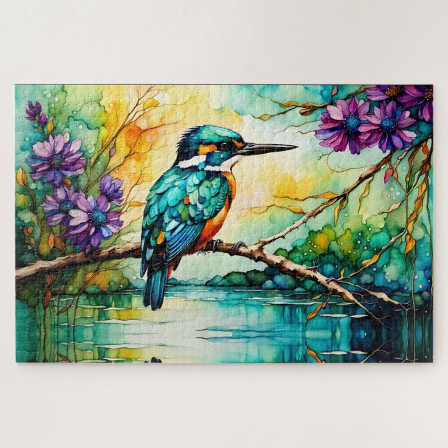 Puzzle Kingfisher encaramado sobre el agua Flores silvest (Horizontal)
