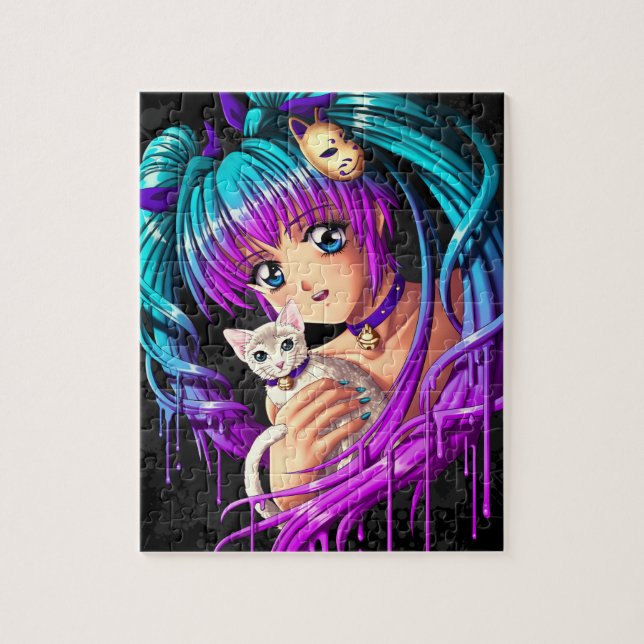 Puzzle Kitten and Pigtail Manga Girl (Vertical)