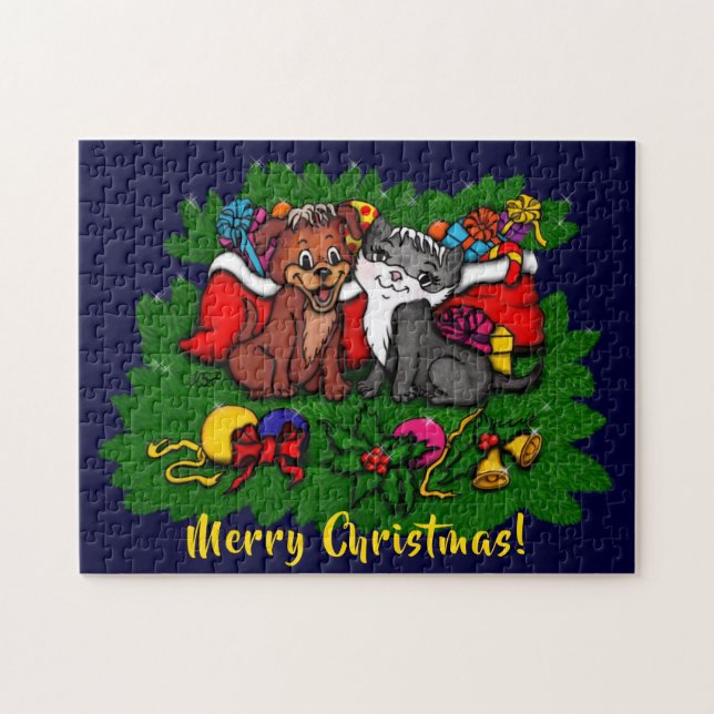 Puzzle Kitty and Puppy , Happy XMas (Horizontal)