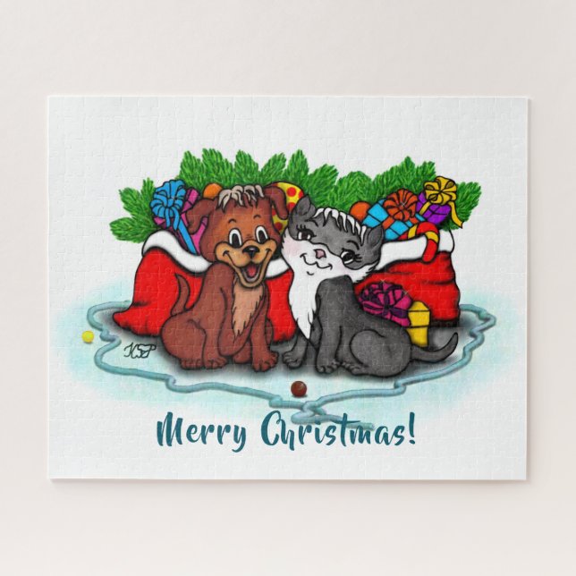 Puzzle Kitty and Puppy , Happy XMas (Horizontal)