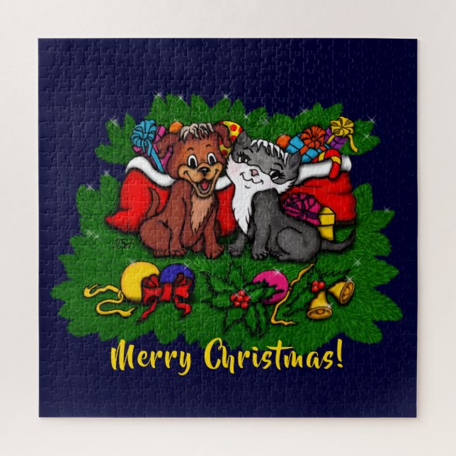 Puzzle Kitty and Puppy , Happy XMas (Vertical)
