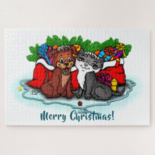 Puzzle Kitty and Puppy , Happy XMas
