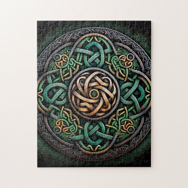 Puzzle Knot Celtic Green Gold Knotwork (Vertical)