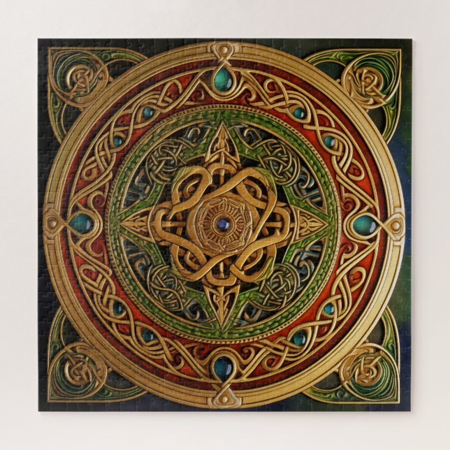 Puzzle Knot Celtic Red Green Gold Knotwork (Horizontal)