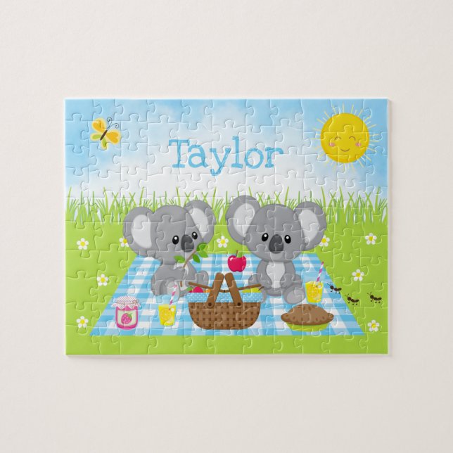 Puzzle Koala Bear Picnic Boy Blue Gingham (Horizontal)
