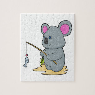 Puzzle Koala como pescador con caña y pescado