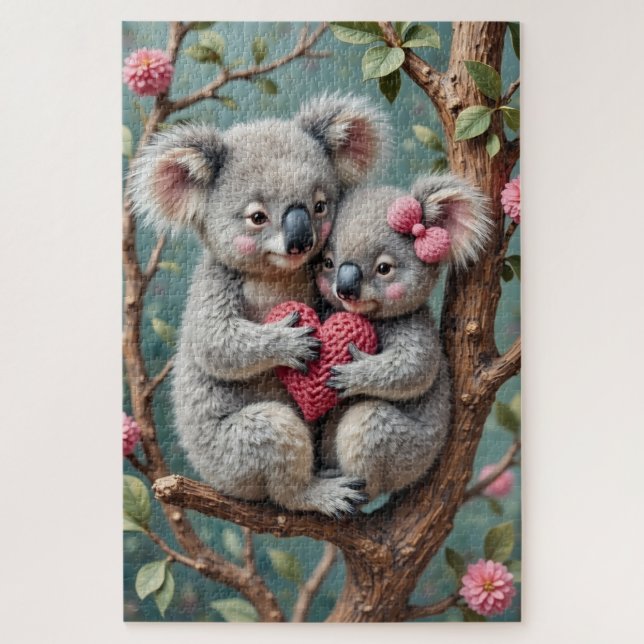 Puzzle Koalas Snuggled Tight on Eucalyptus Branch (Vertical)