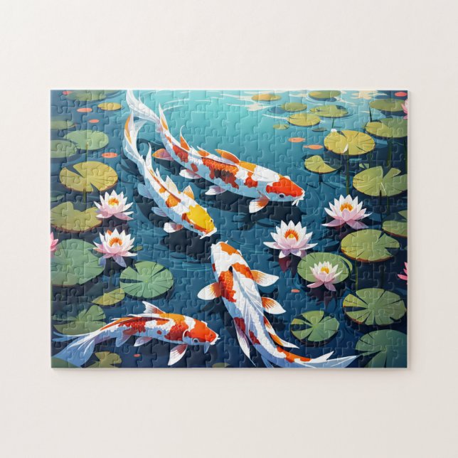 Puzzle Koi japonés blanco pesca en un lago (Horizontal)