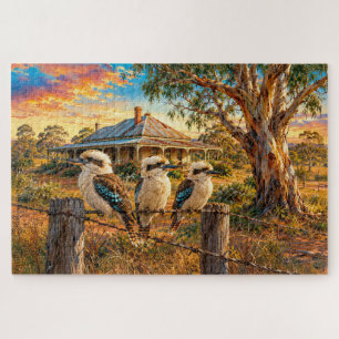 Puzzle Kookaburras al atardecer en una cerca de alambre d