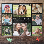 Puzzle La abuela te ama Collage de fotos<br><div class="desc">Un divertido collage de fotos rompecabezas para la abuela más grande del mundo. Puedes personalizar con ocho fotos familiares de nietos, hijos, mascotas, etc., personalizar la expresión "Te amo" o "Te amamos", y si se llama "Abuela", "Nana", "mamá", etc., y agregar los nombres de los nietos y otros nombres, todo...</div>