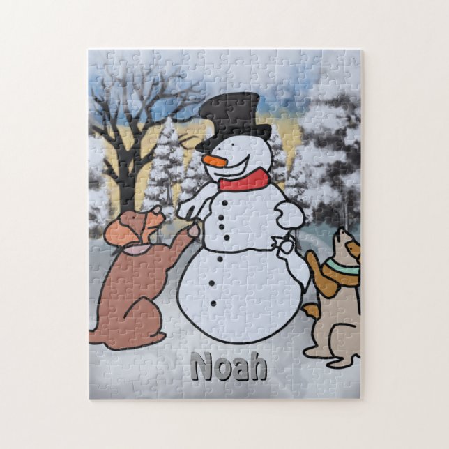 Puzzle La amistad del hombre de nieve, perro y gato | div (Vertical)