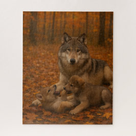 Puzzle La familia Lobo de Otoño juega a los pinos en el b
