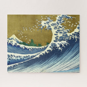 Puzzle La gran ola (arte japonés azul y oro, Hokusai)