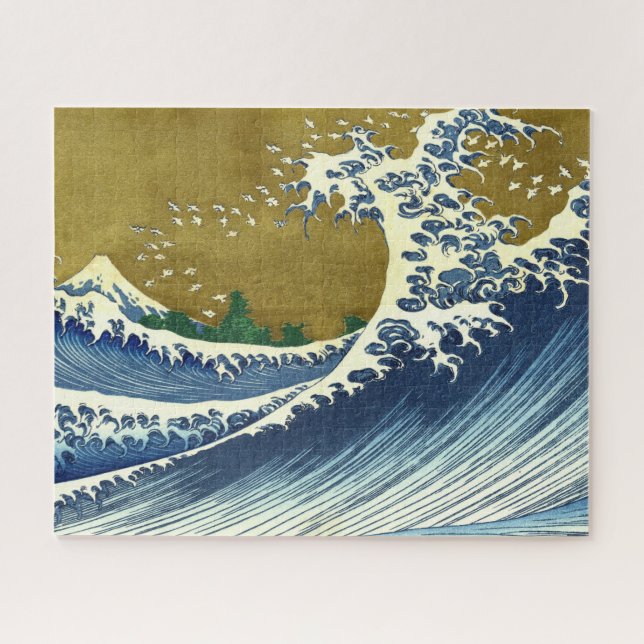 Puzzle La gran ola (arte japonés azul y oro, Hokusai) (Horizontal)