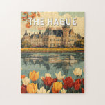 Puzzle La Haya Países Bajos Viaje Art Vintage<br><div class="desc">El diseño de viaje vectorial retro de La Haya. La Haya es una ciudad de la costa del Mar del Norte,  en el oeste de los Países Bajos.</div>