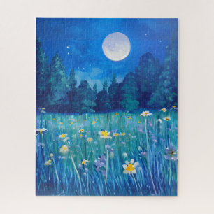 Puzzle La pradera y el bosque bajo una luna llena