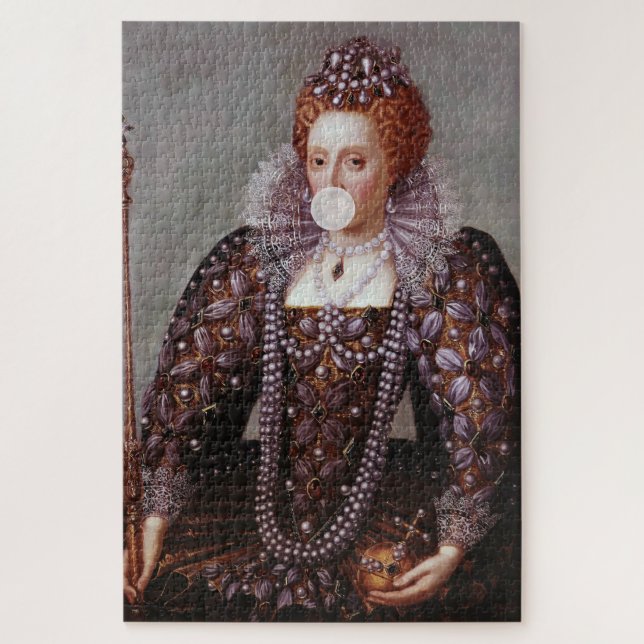 Puzzle La reina Isabel I soplando chicle blanco en burbuj (Vertical)