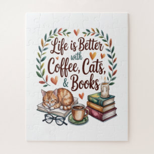 Puzzle La vida es mejor con café gatos libros