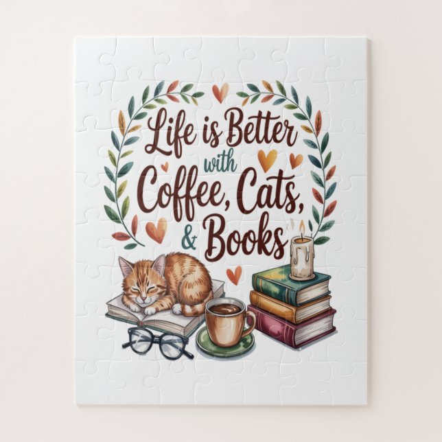 Puzzle La vida es mejor con café gatos libros (Vertical)