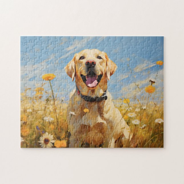 Puzzle Labrador amarillo en flores (Horizontal)