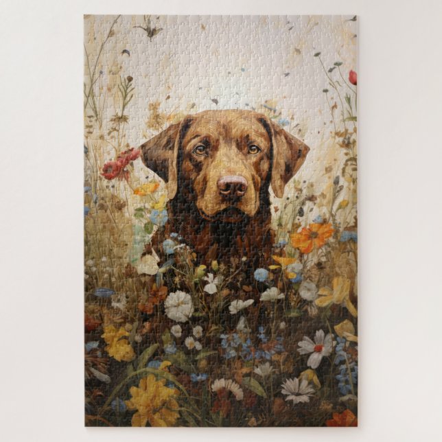Puzzle Labrador de chocolate y flores silvestres (Vertical)