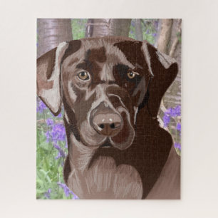 Puzzle Labrador marrón chocolate en una madera azul