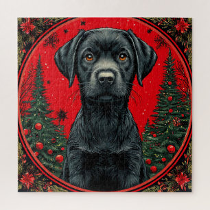 Puzzle Labrador Negro de Navidad con Árboles Festivos
