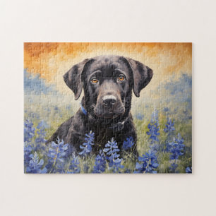 Puzzle Labrador negro en Bluebonnets