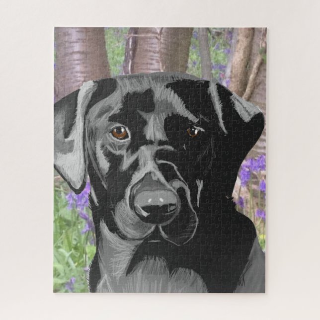 Puzzle Labrador negro en una madera azul (Vertical)